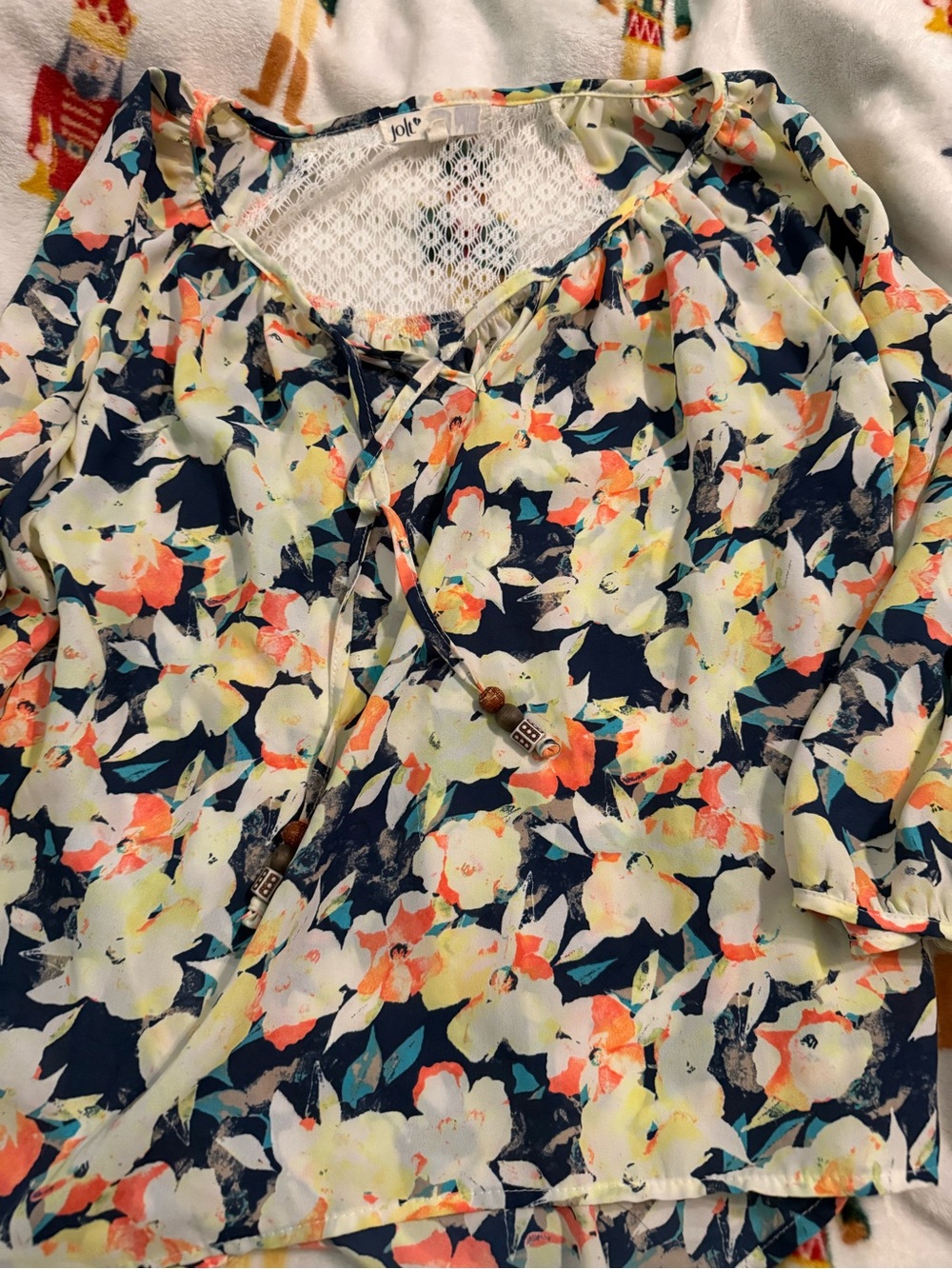 Jolt Navy Floral Tie-Front Top with Coral, Teal & Cream Accents
